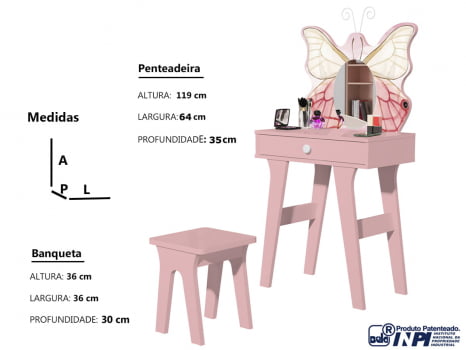 Penteadeira Borboleta Rosa Com Banqueta Infantil